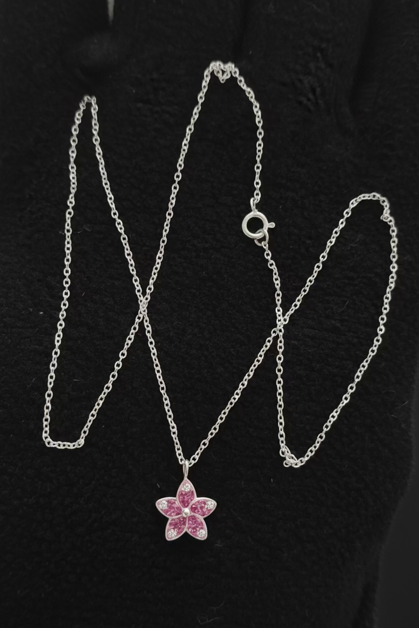 925 Sterling Silver Flower Necklace with Crystals – 45cm
