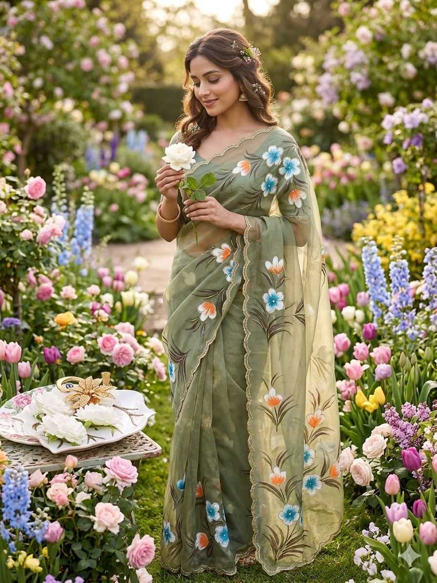 Designer Moss Chiffon Silk Saree with Hand‑Printed , Brush Print & Cutwork Border