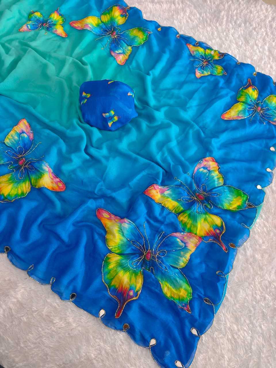Designer Soft Silk Saree Butterfly Print Cutdana Handwork Mirror Border Masakali Blouse