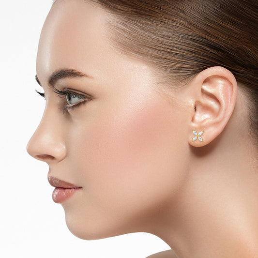 925 Sterling Silver Gold‑Plated Marquise Flower CZ Stud Earrings