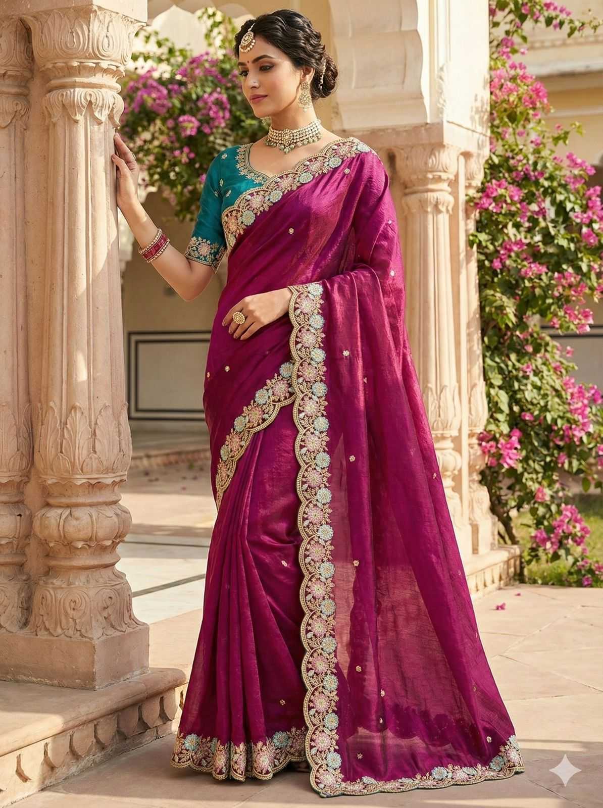 Gajiri Fendi Satin Saree with Elegant Embroidery & Contrast Running Blouse (5.50m + 0.80m)
