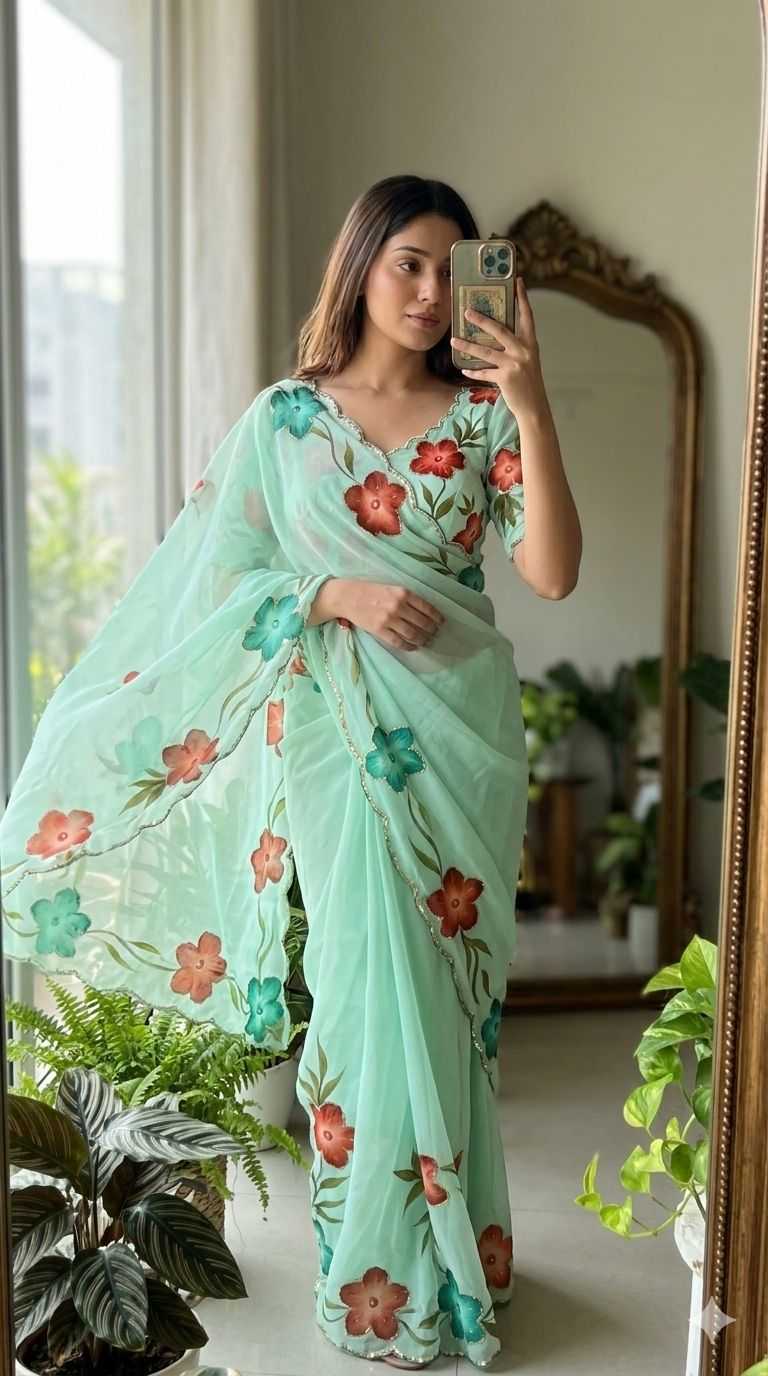 Designer Georgette Cutwork Saree with Handprints, Pearl Embroidery & Matching Blouse