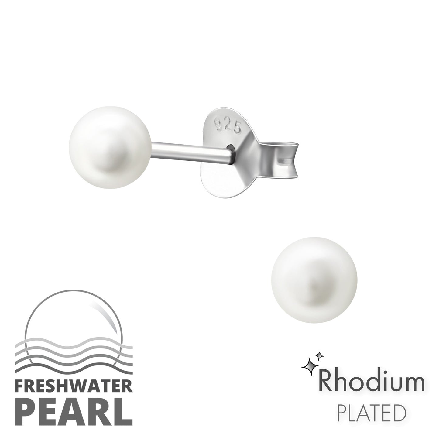 925 Sterling Silver Freshwater Pearl Stud Earrings – 4mm Round