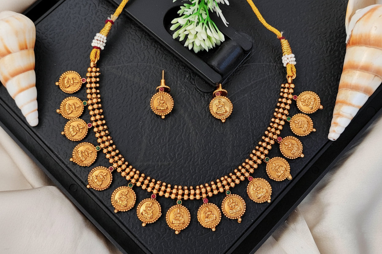 Temple Coin Necklace Set with Traditional Goddess Motifs – Antique Temple Jewellery