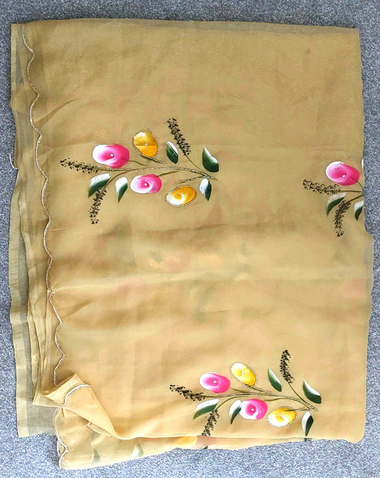 Rose Gold Silk Saree, Flower Handprint, Cutdana Work, Cutwork Border, Festive Wear