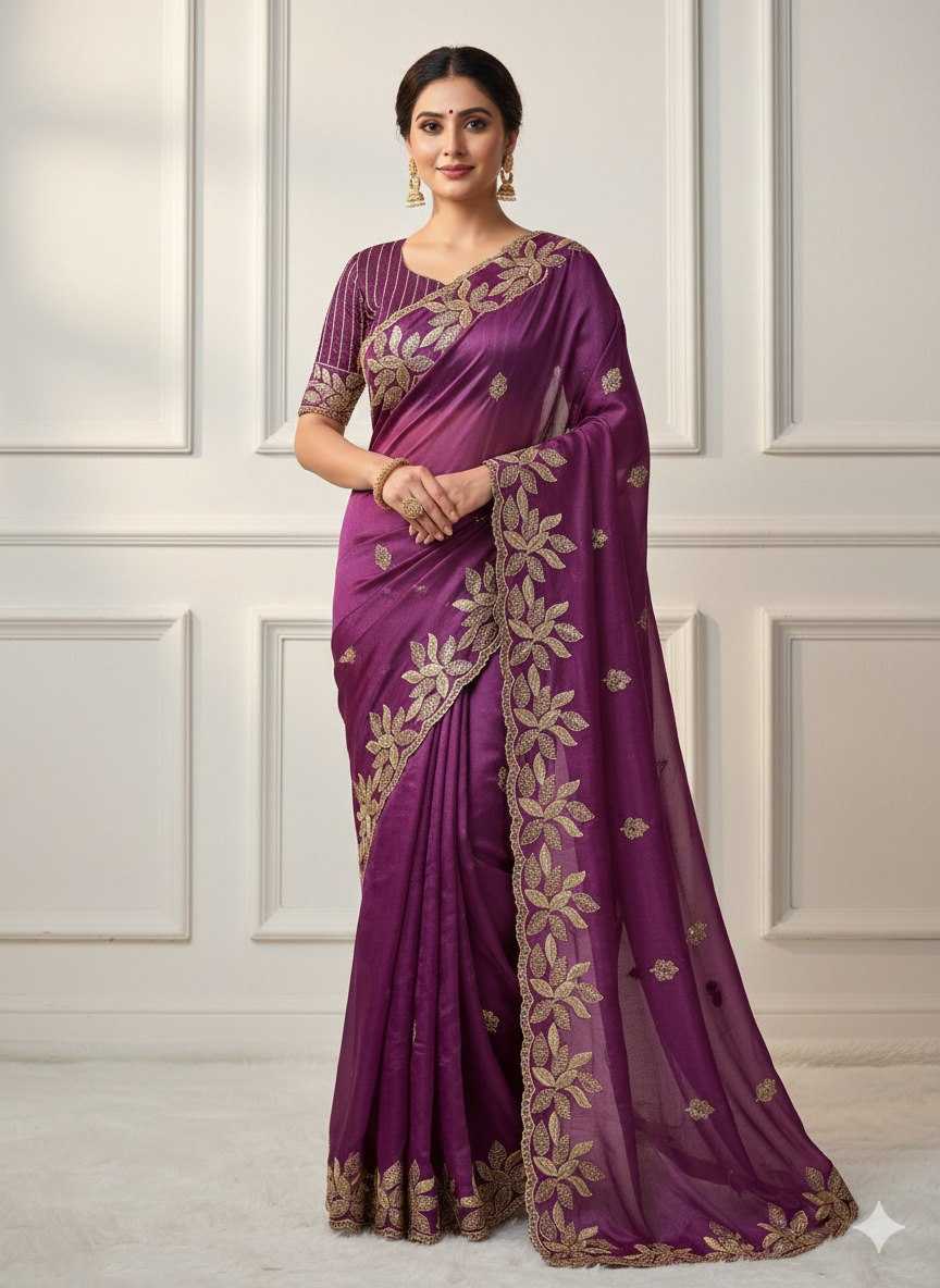 Purple Designer Jimichu Silk Sequins Saree with Cut Work Lace and Embroidered Blouse