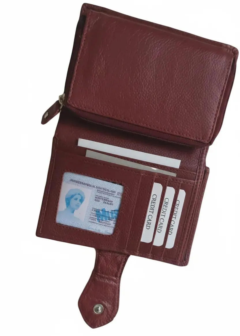 Women's Genuine Leather Bifold Wallet – Contrast Stitching, Card Slots, ID Window