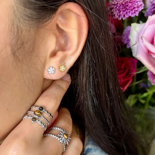 Ocean Ripples 925 Sterling Silver Cubic Zirconia Flower Stud Earrings