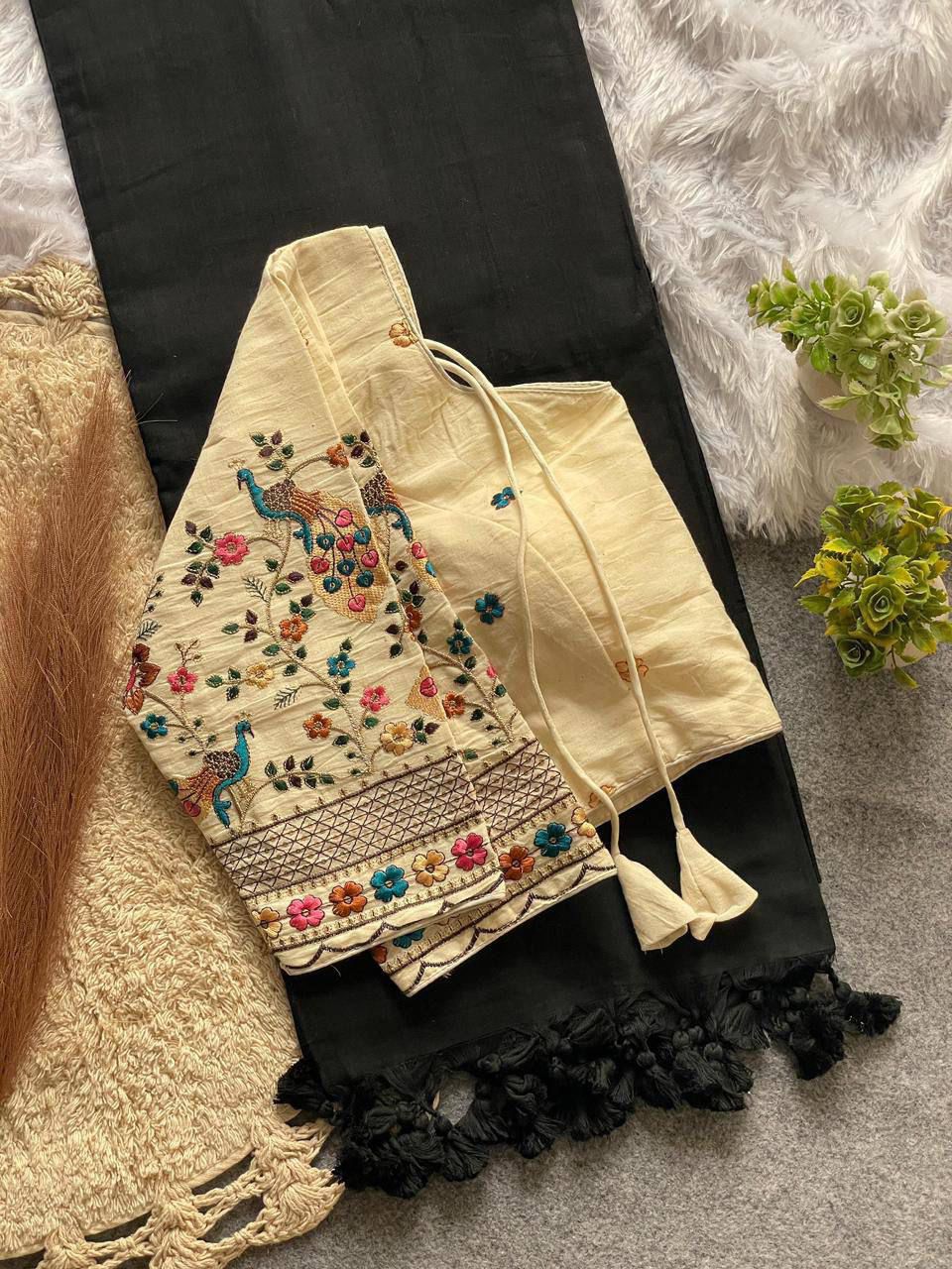 Black Khadi Cotton Saree with Embroidered Blouse | Soft Khadi Saree Set | Stitched Blouse size 40 | Traditional Indian Saree (Copy)