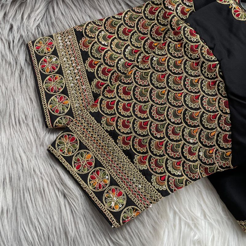 Roman Silk Embroidered Blouse with Rainbow Sequins & Front Hook (Free Size)