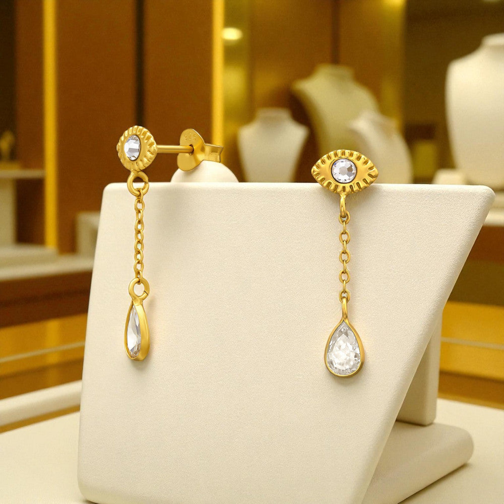 925 Sterling Silver Gold‑Plated Evil Eye Teardrop Chain Stud Earrings