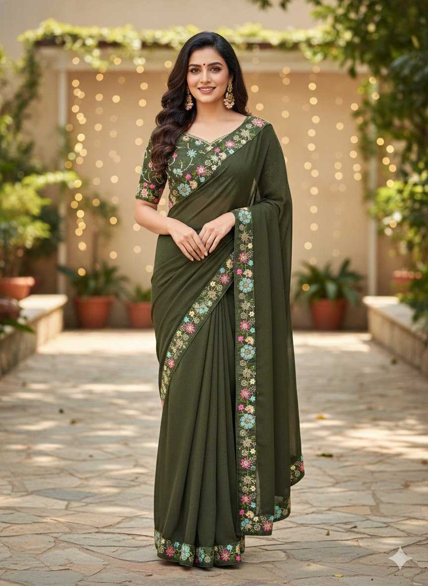 Green, Star Georgette Sequence Saree with Val Lace Border and Mono Silk Sequence Blouse