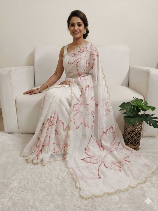 Designer Organza Printed Saree with Pearl Hand Embroidery and Cutwork Border