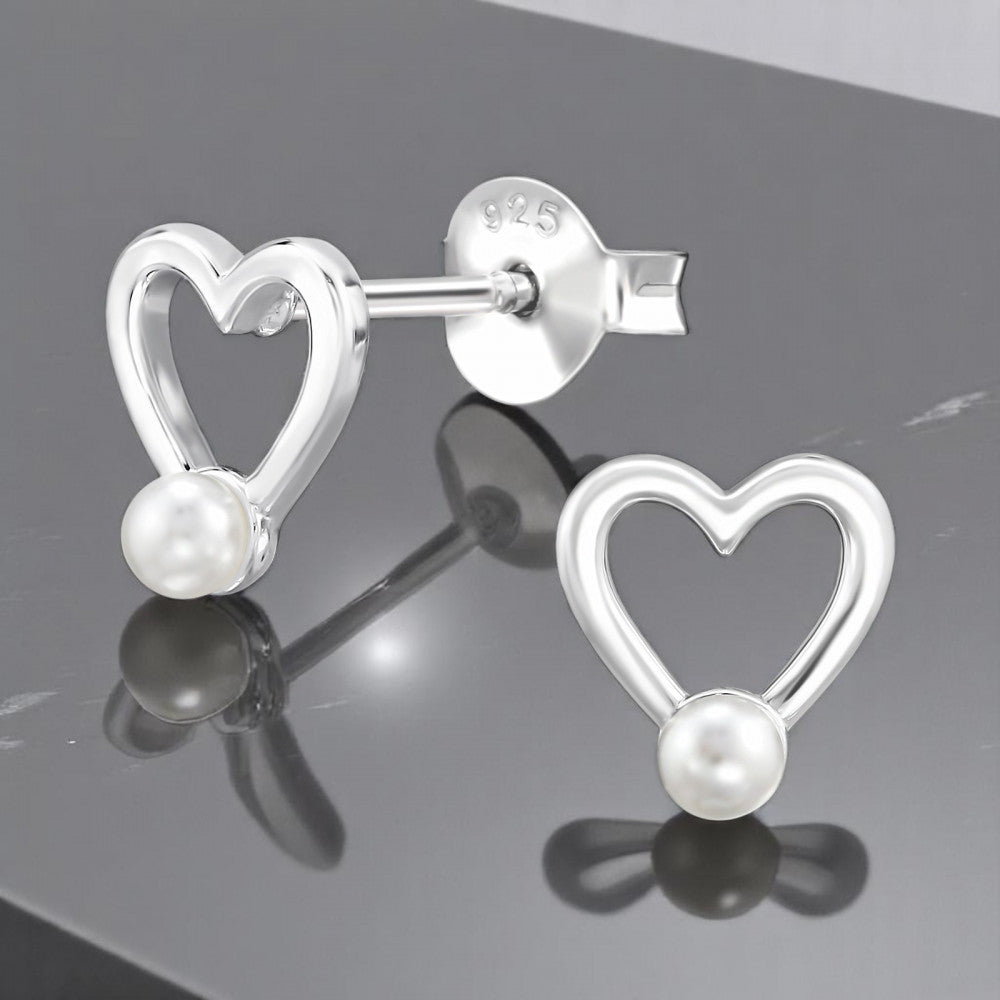 925 Sterling Silver Heart Pearl Stud Earrings