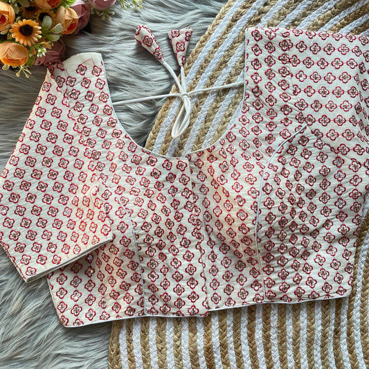 Pure Khadi Embroidered Blouse with Front Open Hook (Free Size 38–42)