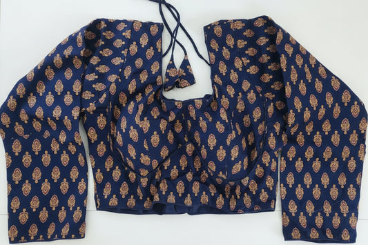 Ajrakh Print Cotton Blouse with Long Sleeves (Free Size 40–42)