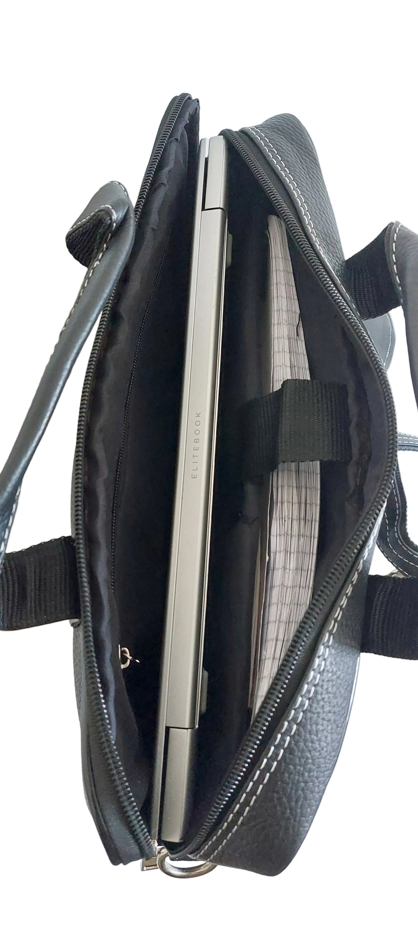 Premium Black Genuine Leather Office Laptop Bag – Structured Executive Briefcase with Long Inner Zipper