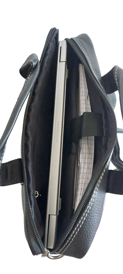 Premium Black Genuine Leather Office Laptop Bag – Structured Executive Briefcase with Long Inner Zipper
