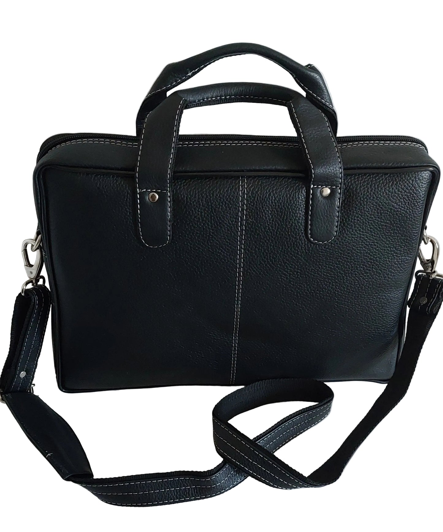 Premium Black Genuine Leather Office Laptop Bag – Structured Executive Briefcase with Long Inner Zipper