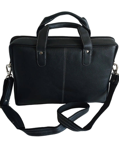 Premium Black Genuine Leather Office Laptop Bag – Structured Executive Briefcase with Long Inner Zipper