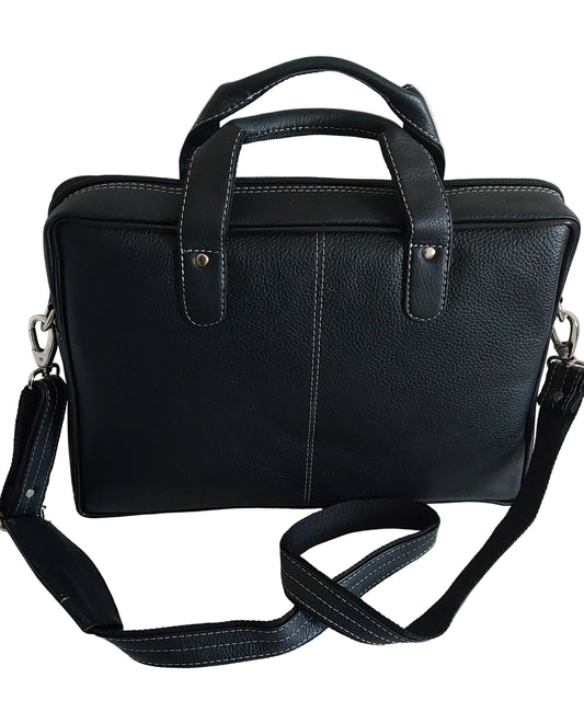 Premium Black Genuine Leather Office Laptop Bag – Structured Executive Briefcase with Long Inner Zipper