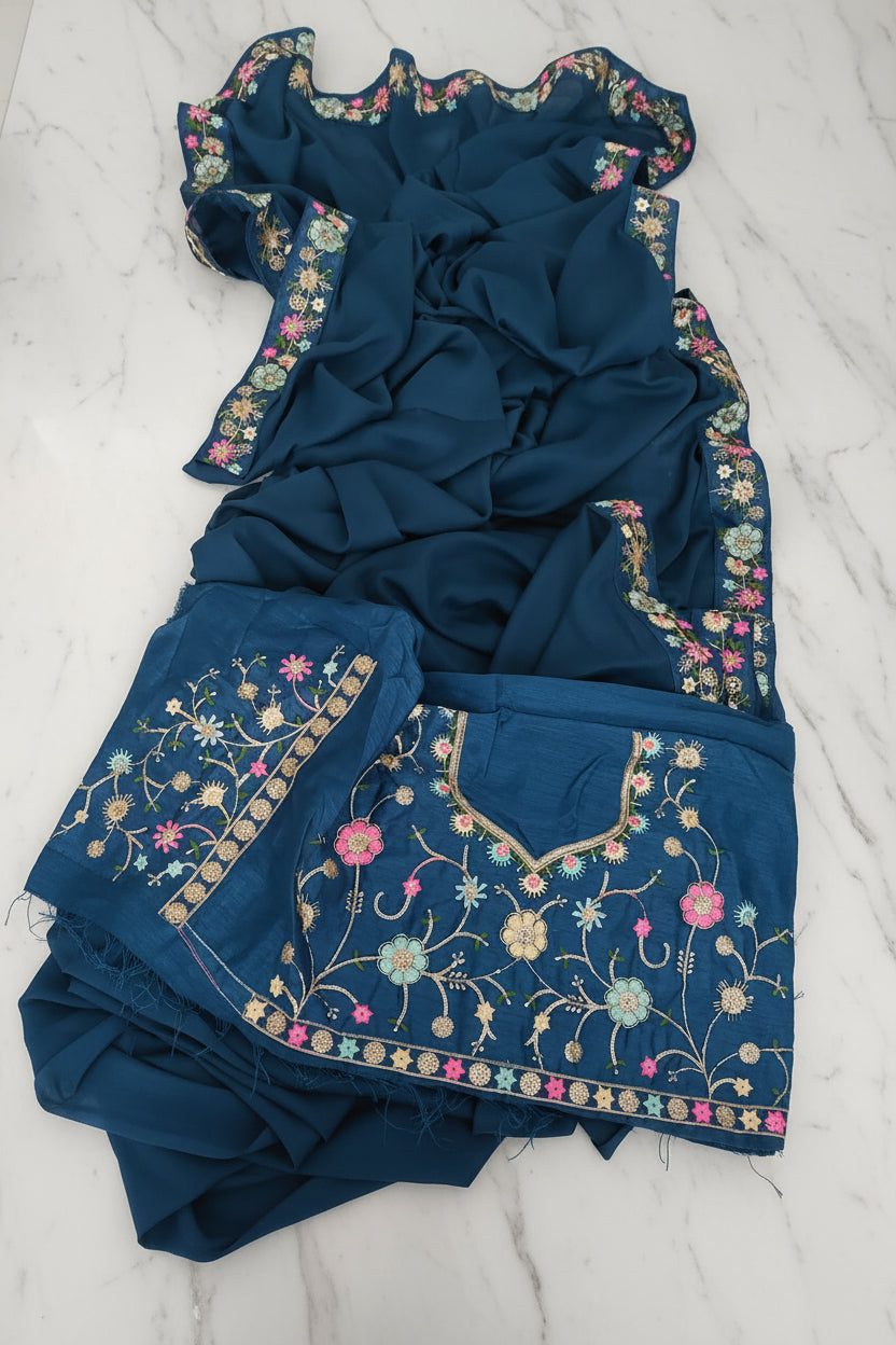 Navy Blue, Star Georgette Sequence Saree with Val Lace Border and Mono Silk Sequence Blouse