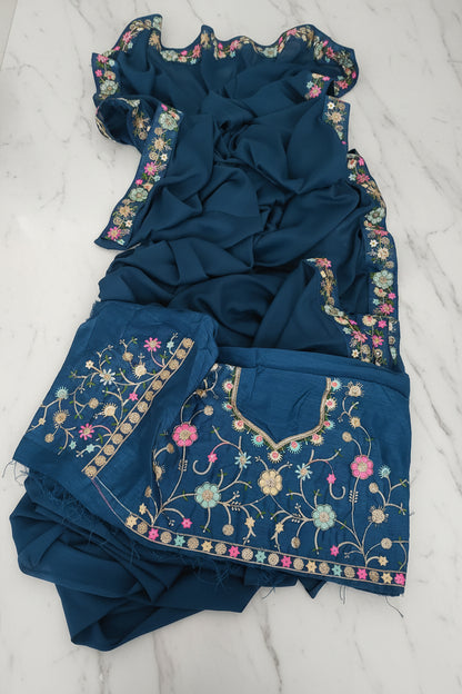 Navy Blue, Star Georgette Sequence Saree with Val Lace Border and Mono Silk Sequence Blouse