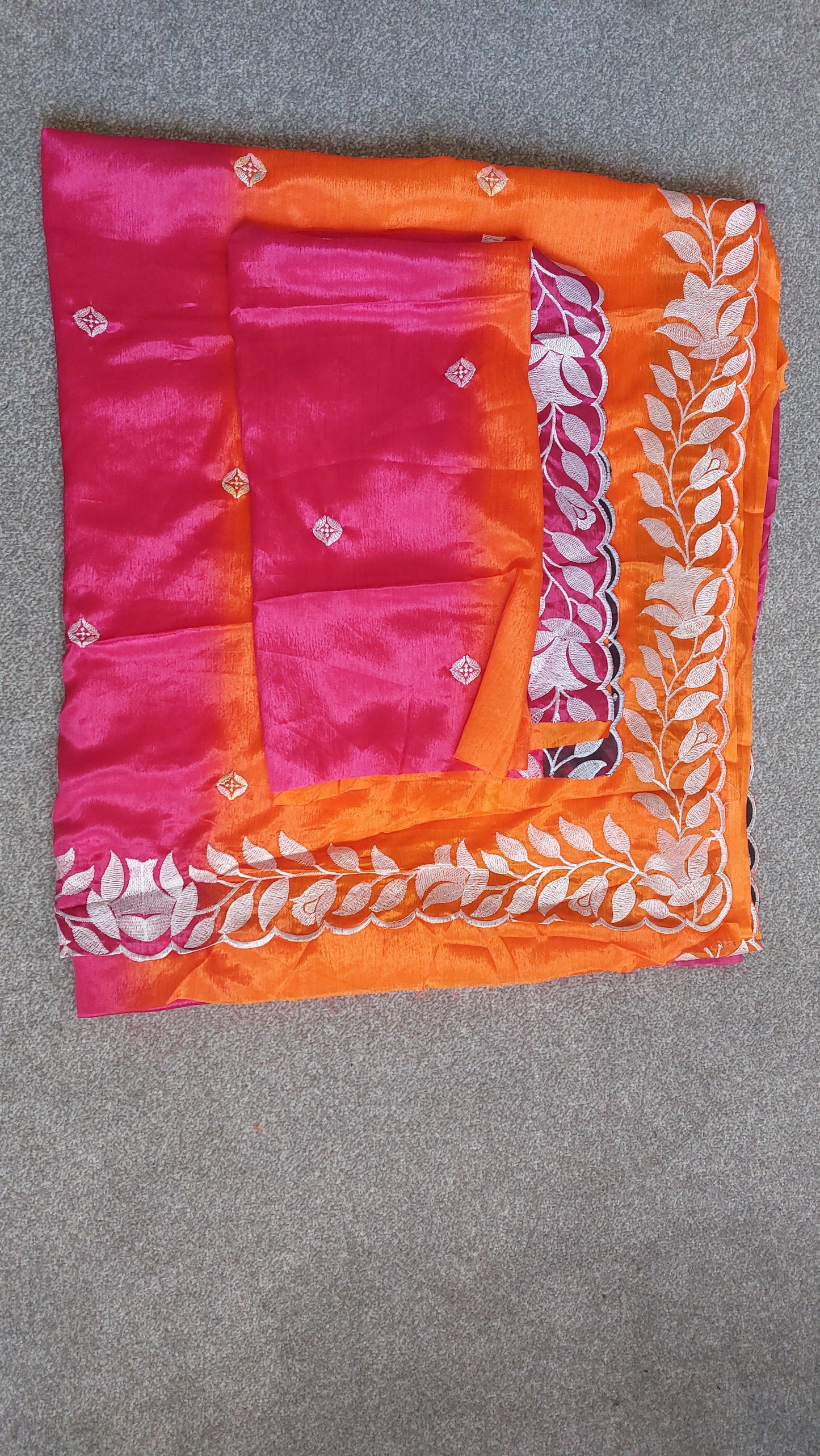 Orange Designer Chinon Silk Embroidered Saree with Dual Shade & Matching Blouse