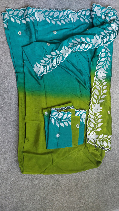 Green Designer Chinon Silk Embroidered Saree with Dual Shade & Matching Blouse