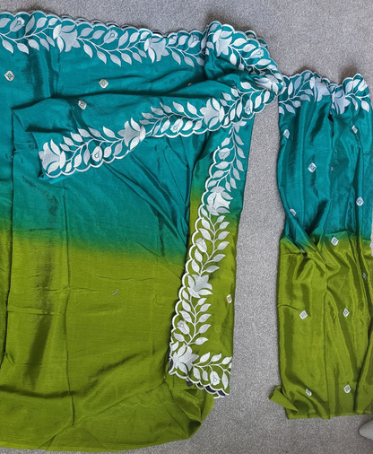 Green Designer Chinon Silk Embroidered Saree with Dual Shade & Matching Blouse