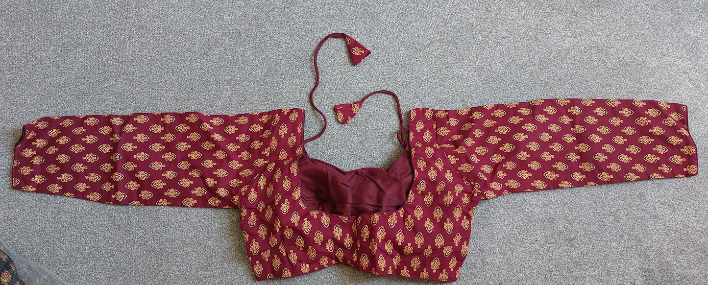 Ready made Ajrakh Print Cotton Indian Saree Blouse with Long Sleeves (Free Size 40–42)