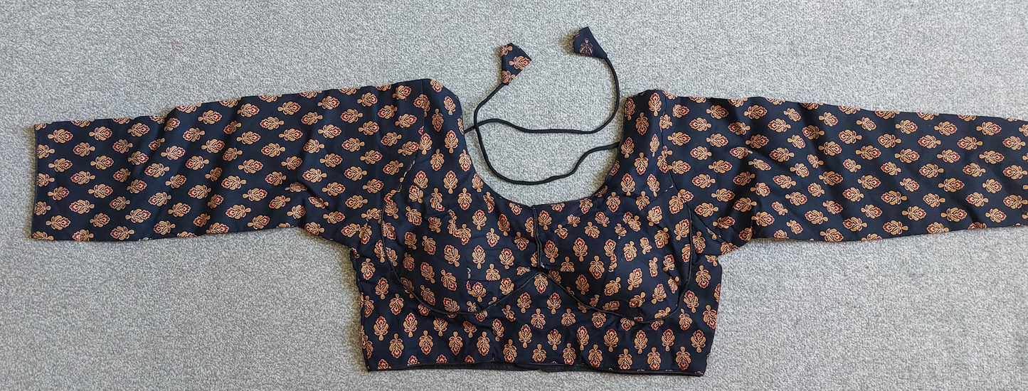 Ready made Ajrakh Print Cotton Indian Saree Blouse with Long Sleeves (Free Size 40–42)