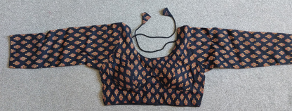 Ready made Ajrakh Print Cotton Indian Saree Blouse with Long Sleeves (Free Size 40–42)