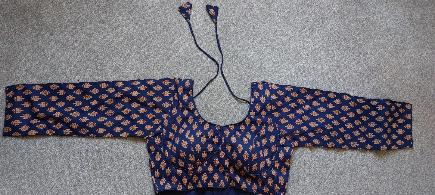 Ready made Ajrakh Print Cotton Indian Saree Blouse with Long Sleeves (Free Size 40–42)