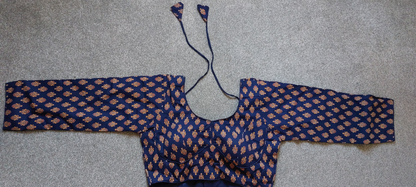 Ready made Ajrakh Print Cotton Indian Saree Blouse with Long Sleeves (Free Size 40–42)