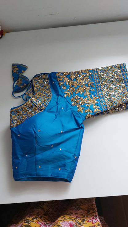 Readymade Silk Saree Blouse, Heavy Sequins Jari Work Crop Top Size - 34 to 36