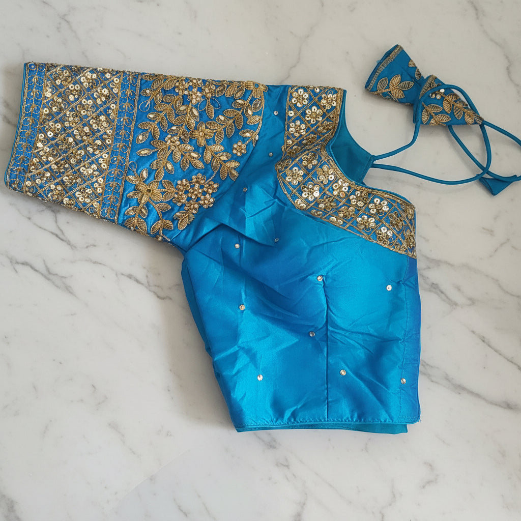 Readymade Silk Saree Blouse, Heavy Sequins Jari Work Crop Top Size - 34 to 36