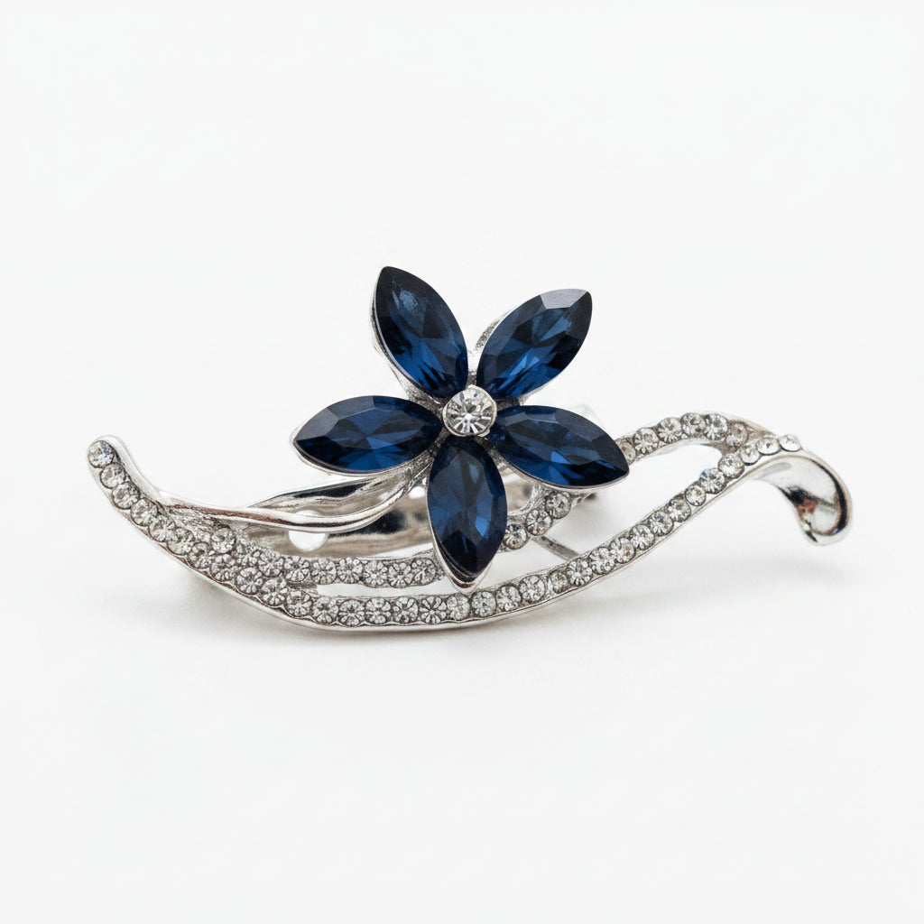 Rhodium Plated Floral Montana Blue Crystal Brooch – Elegant Designer Gift for Her