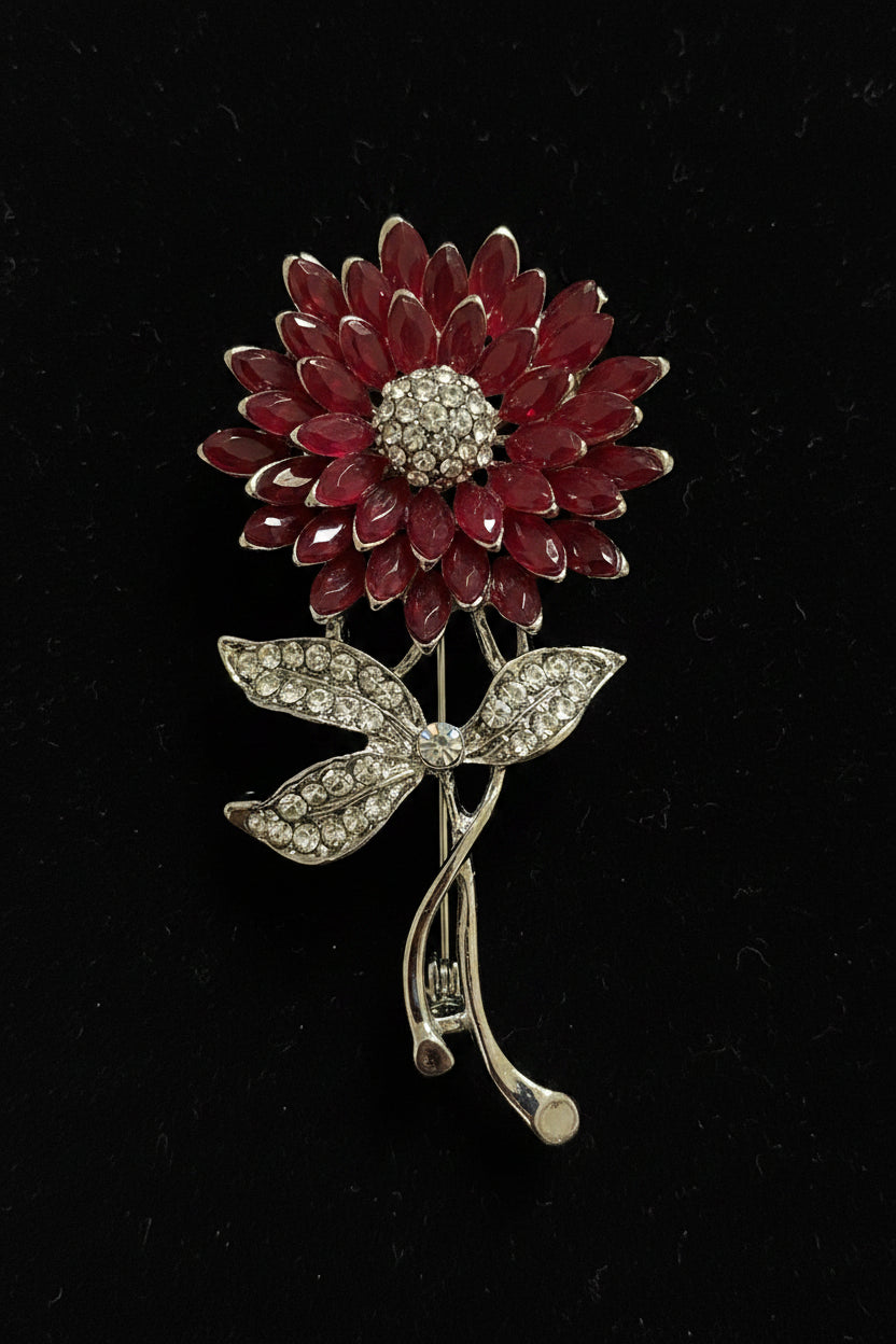 Rhodium Plated Sunflower Brooch / Lapel Pin with Crystals & Artificial Pearls – Multicolour Floral Pin for Women
