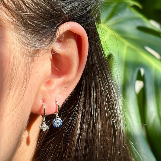 Ocean Ripples  925 Sterling Silver Cubic Zirconia Clover Huggie Earrings