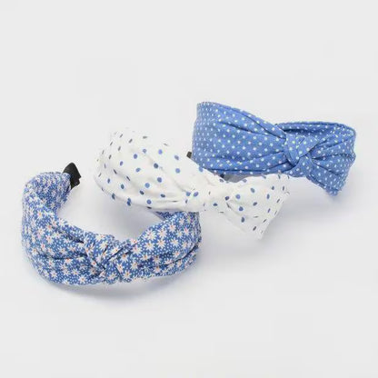 5cm Wide Knotted Top Aliceband – Assorted Blue Prints | Floral & Polka Dot | set of 3