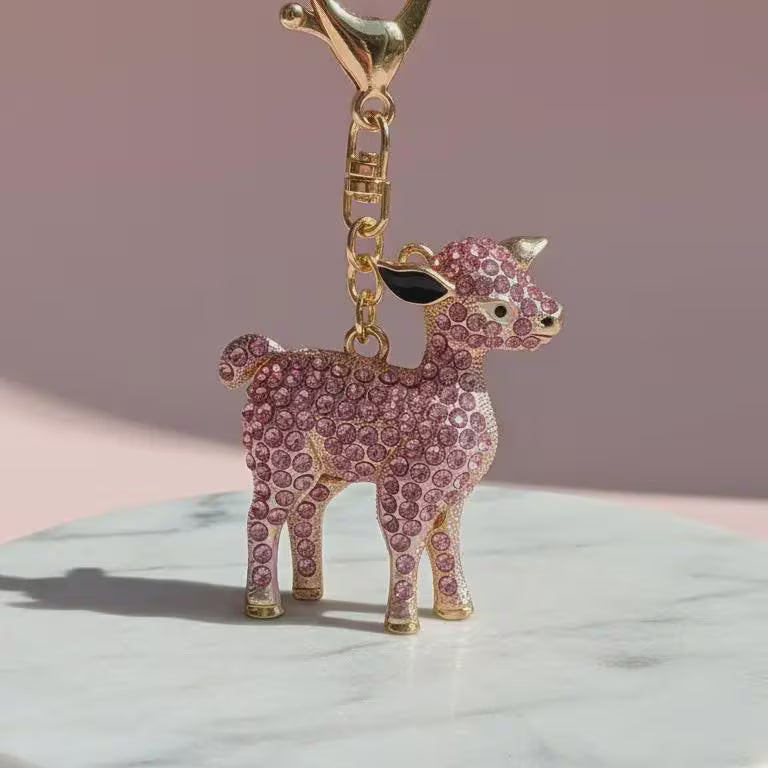 Pink Crystal Calf Keyring – Diamante Bag Charm, Animal Keychain Accessory