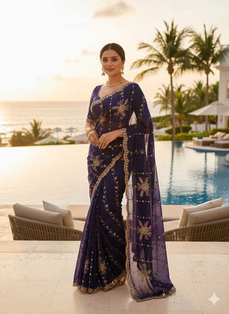 Blue Designer Fendy Chiffon Party Wear Saree with Embroidery Running Blouse