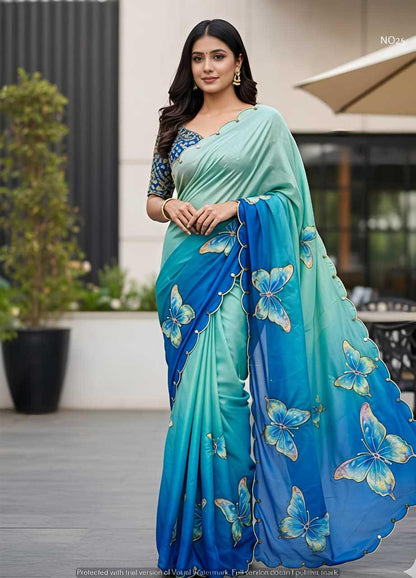 Designer Soft Silk Saree Butterfly Print Cutdana Handwork Mirror Border Masakali Blouse