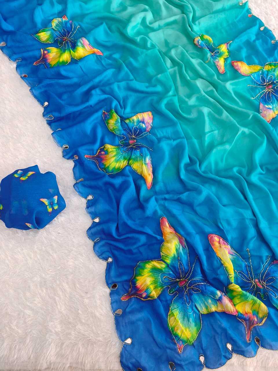 Designer Soft Silk Saree Butterfly Print Cutdana Handwork Mirror Border Masakali Blouse