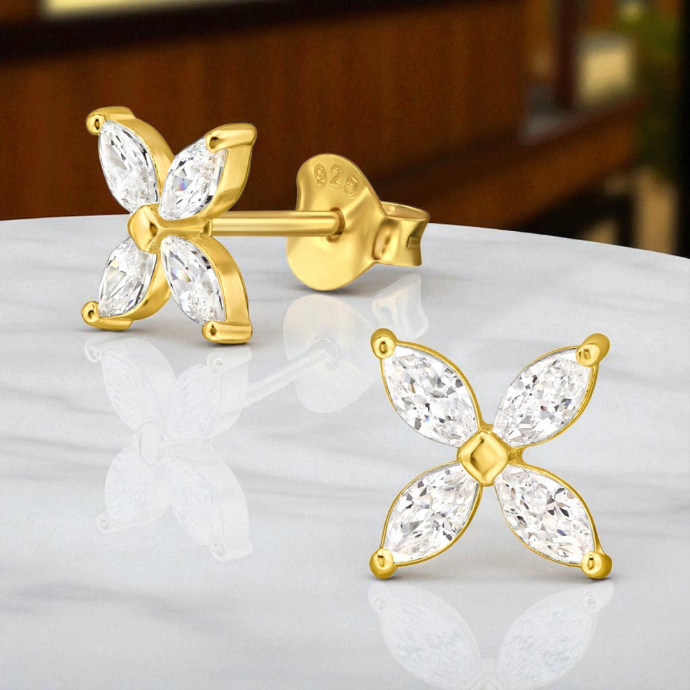 925 Sterling Silver Gold‑Plated  Marquise Flower CZ Stud Earrings