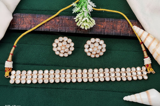 Designer Rose Rodium Polish Kundan Full Stone Short Necklace Set