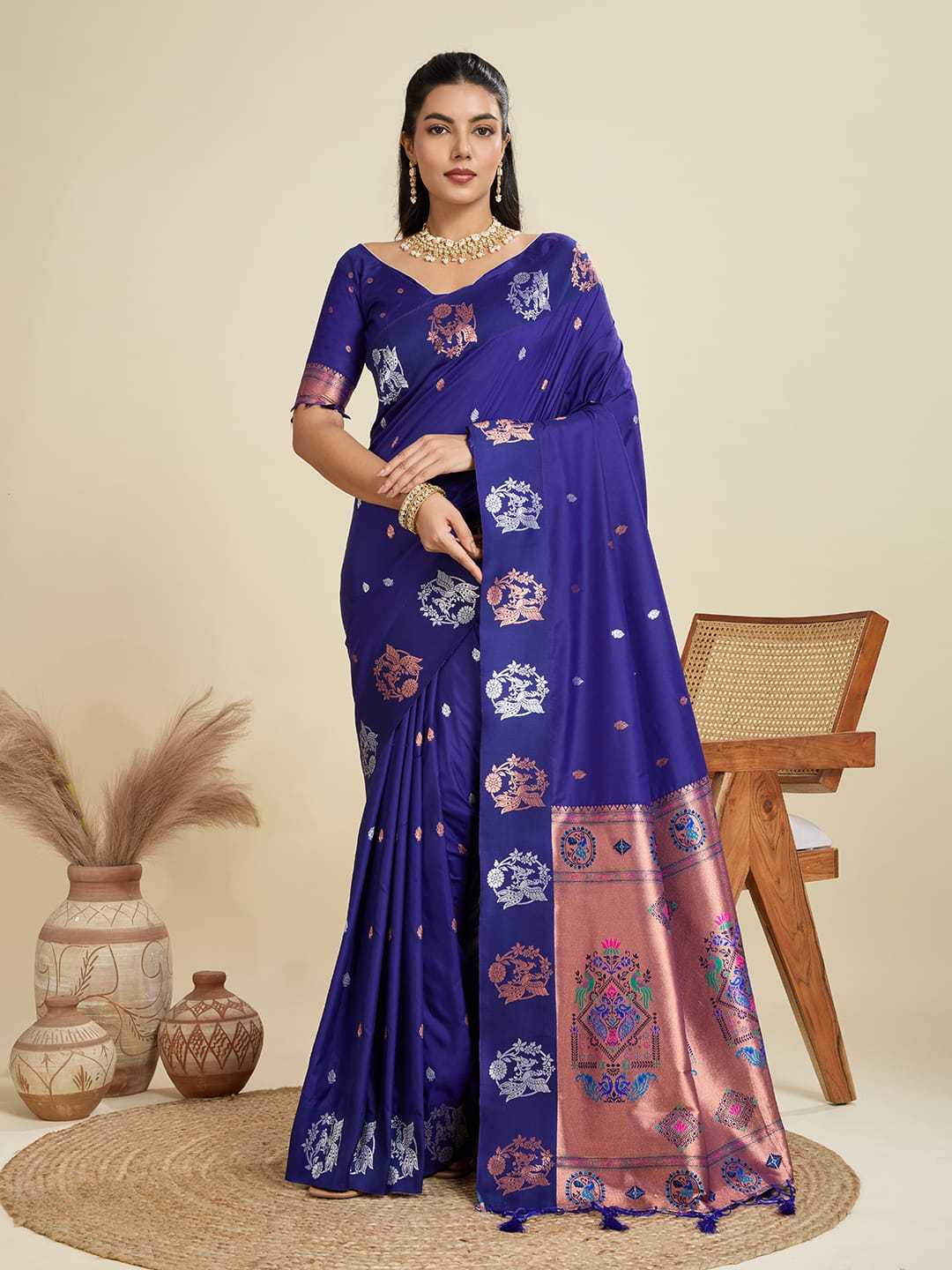 Deep blue Pure Soft Kanjivaram Paithani Silk Saree with Silver & Gold Zari Buttas and Meena Zari Pallu