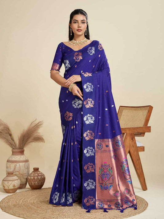 Deep blue Pure Soft Kanjivaram Paithani Silk Saree with Silver & Gold Zari Buttas and Meena Zari Pallu