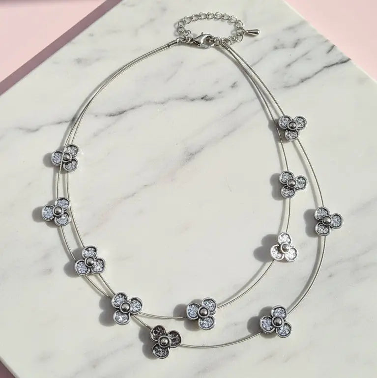 Layered Flower Silver Statement Necklace – Modern Abstract Floral Fashion Jewellery